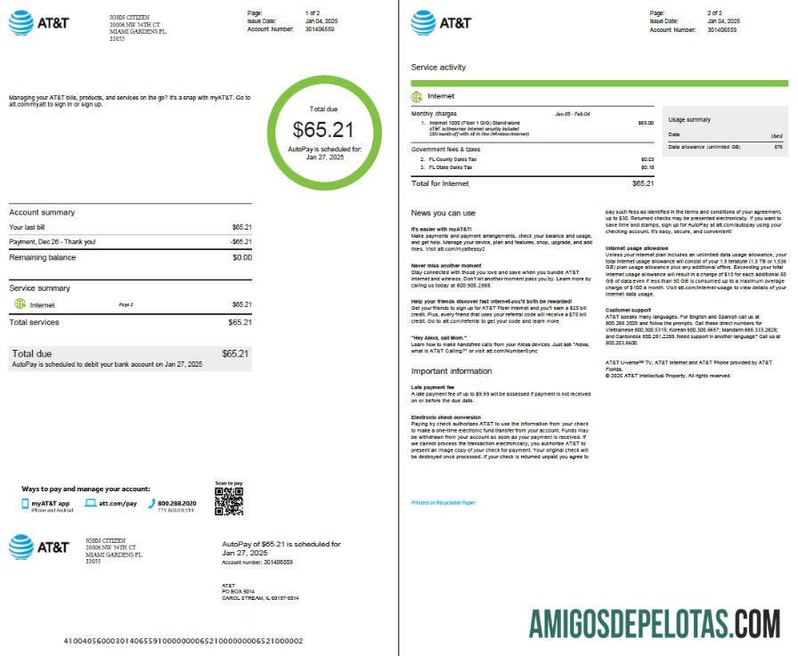em branco Modelo de fatura de serviços públicos da AT&T dos EUA em formatos Word e PDF, 2 páginas, versão 2